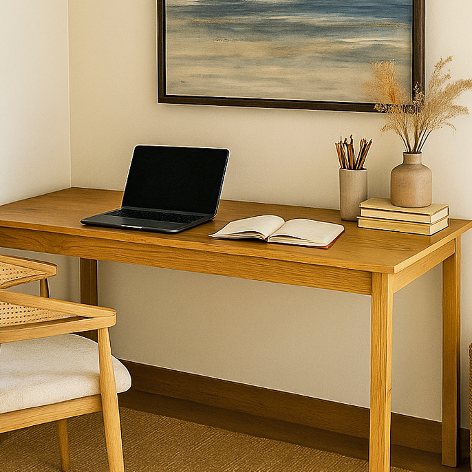 Wooden desk with laptop, notebook, and decorative items in a home office setting.