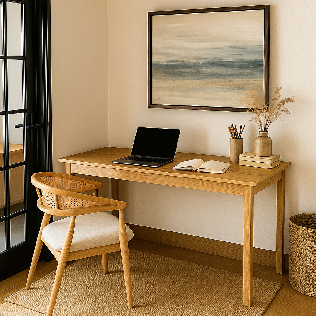 Wooden desk with laptop, books, and a chair in a room with a painting on the wall.
