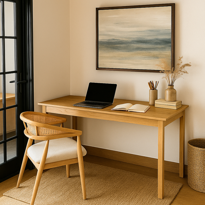 Wooden desk with laptop, books, and a chair in a room with a painting on the wall.