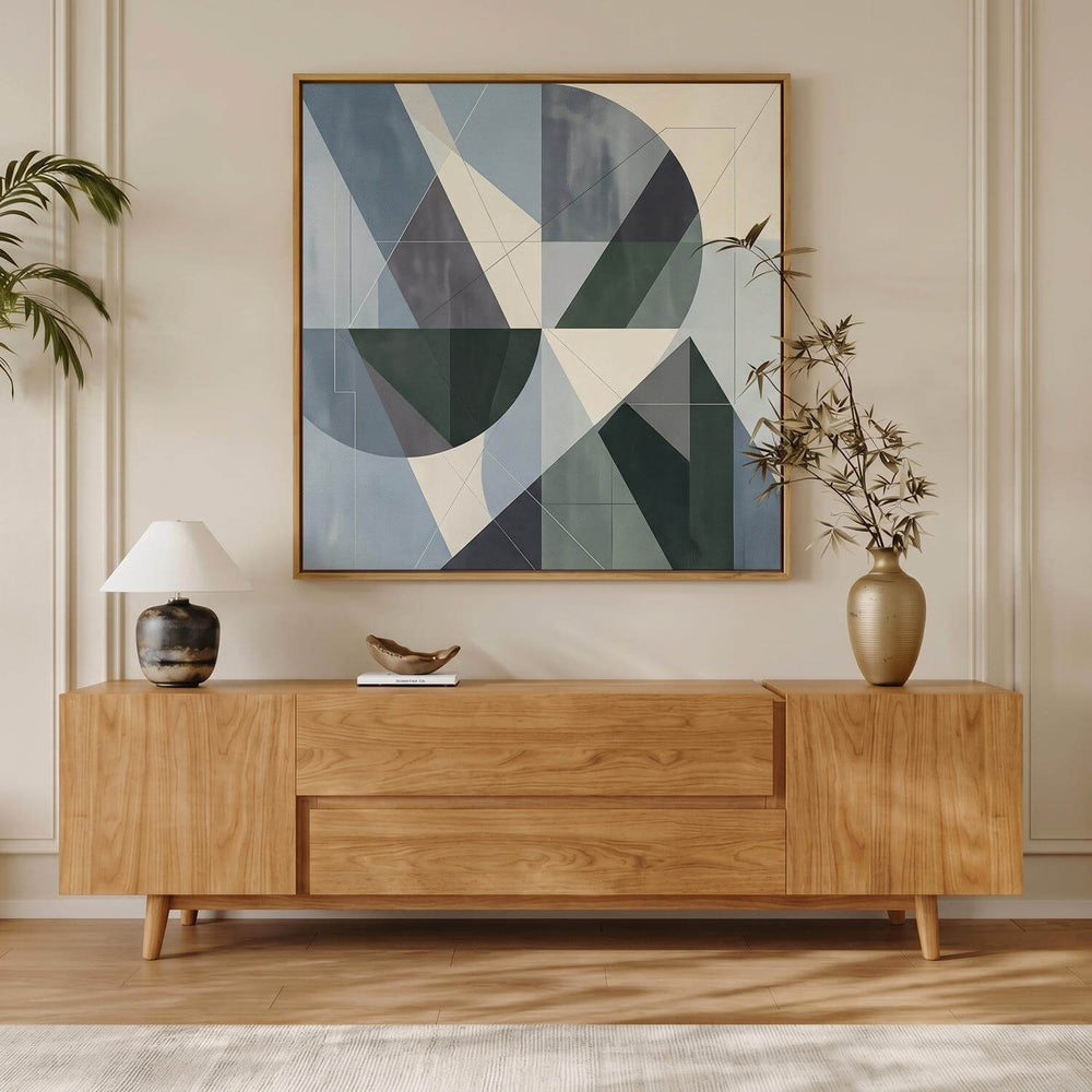 Chestnut tv unit showcasing rich, organic wood grain patterns, styled with an abstract geometric painting and a table lamp.