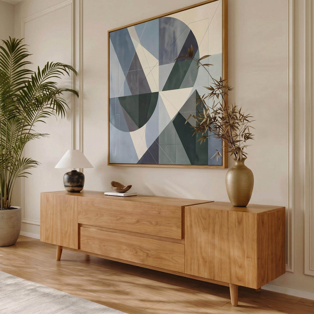 Minimalist chestnut tv unit featuring two wide central drawers, side cabinets, and sleek tapered wooden legs.