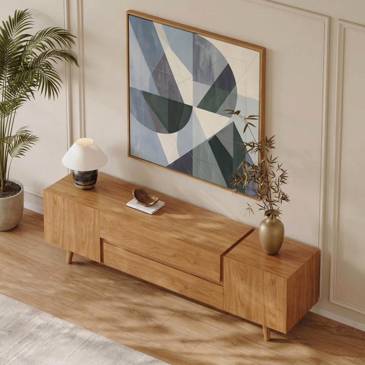 Contemporary chestnut tv unit positioned in a sunlit interior, offering an elegant statement piece for home entertainment areas.