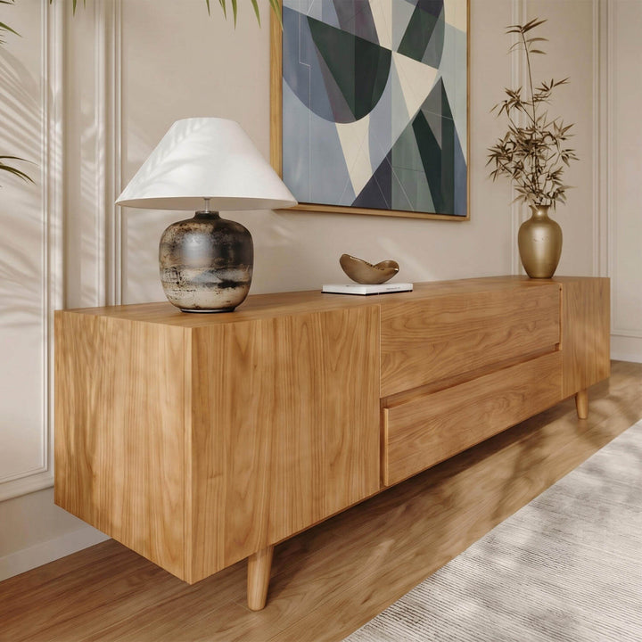 Sophisticated chestnut tv unit decorated with a decorative plant vase and artistic objects, perfect for a modern living room layout.