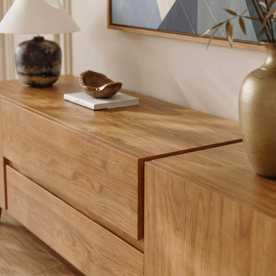 Premium chestnut tv unit combining Scandinavian simplicity with ample storage functionality and smooth timber surfaces.