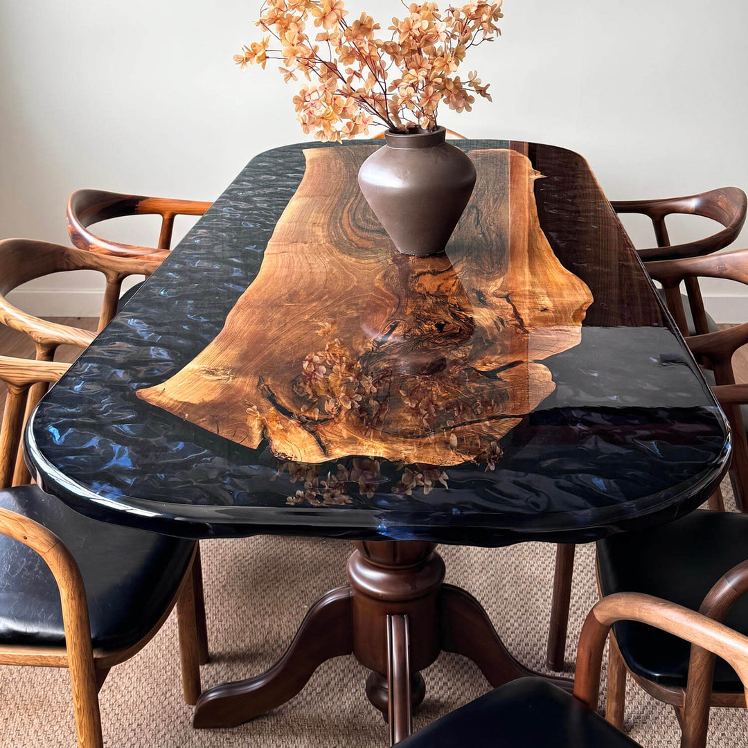 Epoxy walnut table designed for living rooms or large dining spaces, blending an avant-garde leg design with modern epoxy craftsmanship.