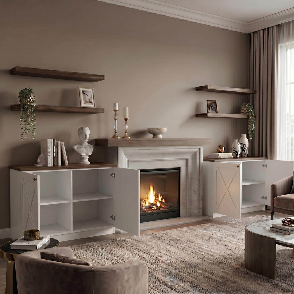 The storage cabinets with geometric cross-brace doors and matching floating shelves create a balanced look on both sides of a hearth.