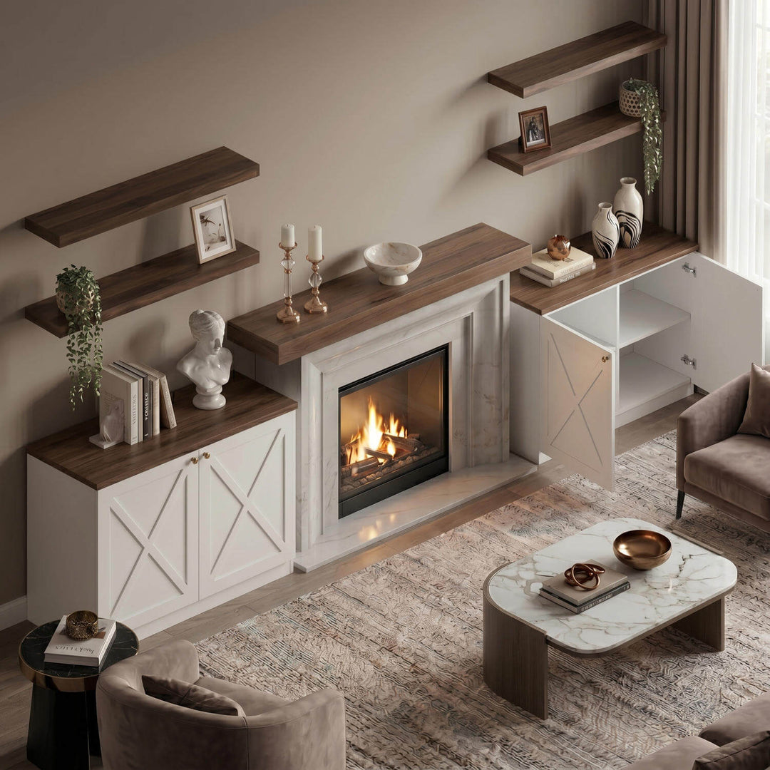 Symmetrical sideboards with overhead shelving units styled alongside a textured area rug and a round patterned coffee table.