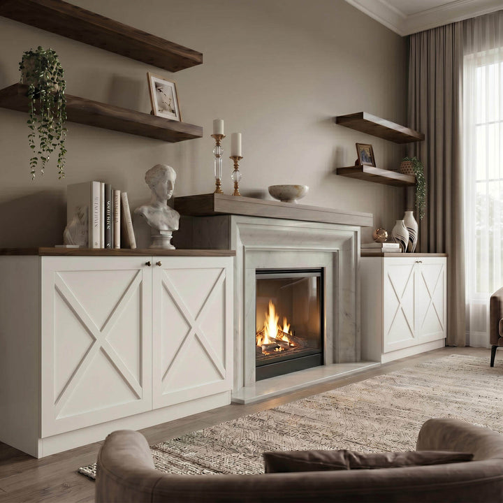 The storage furniture set with cross-patterned cabinet faces and matching display shelves offering ample decorative surface area.