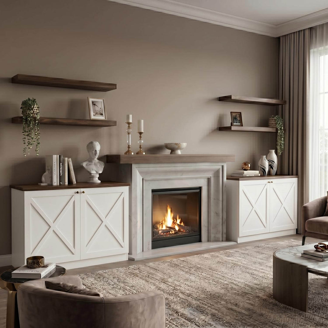 A contemporary hearthside layout utilizing a paired credenza and floating ledge system for curated art and media storage.