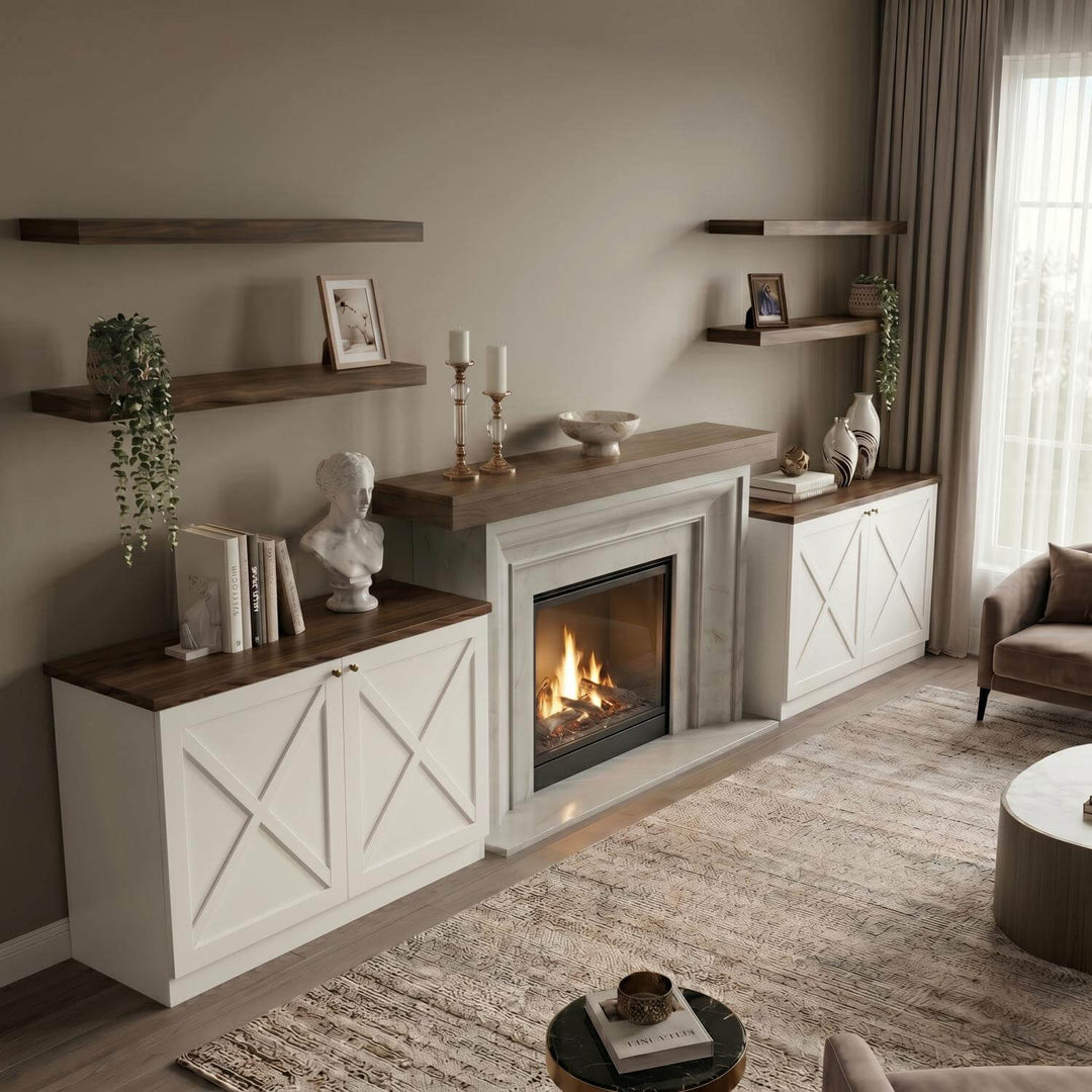 The built-in style accent cabinets and floating display tiers adding a sense of structure and luxury to a residential living area.