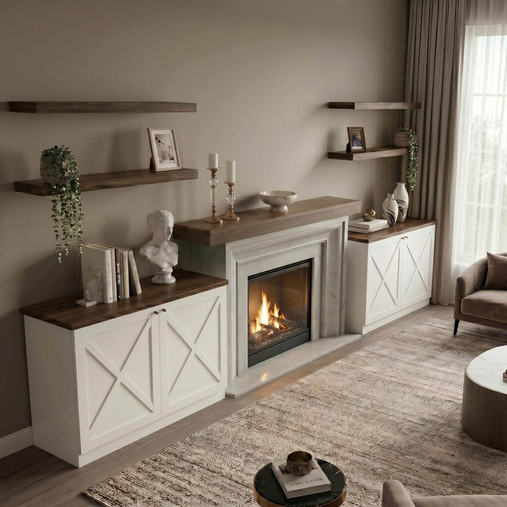 The built-in style accent cabinets and floating display tiers adding a sense of structure and luxury to a residential living area.