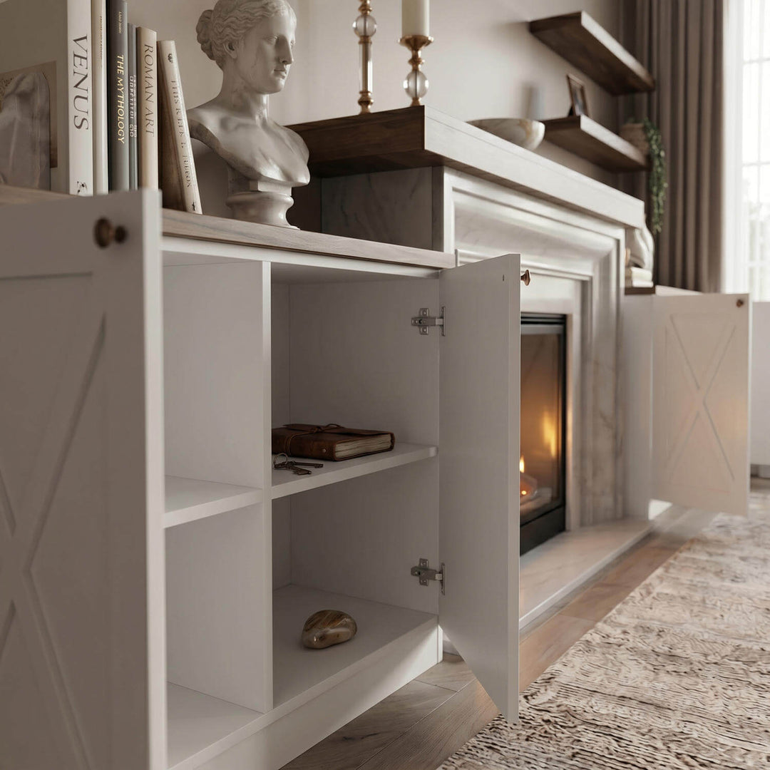 The media room organization units and decorative shelves seamlessly framing a modern built-in fireplace.