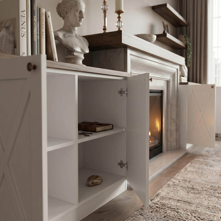 The media room organization units and decorative shelves seamlessly framing a modern built-in fireplace.