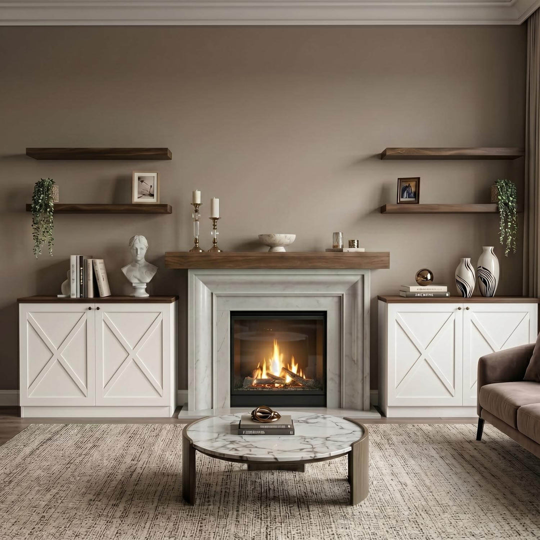 A symmetrical living room arrangement featuring the multi-piece storage unit styled with books, vases, and sculptures around a glowing fireplace.