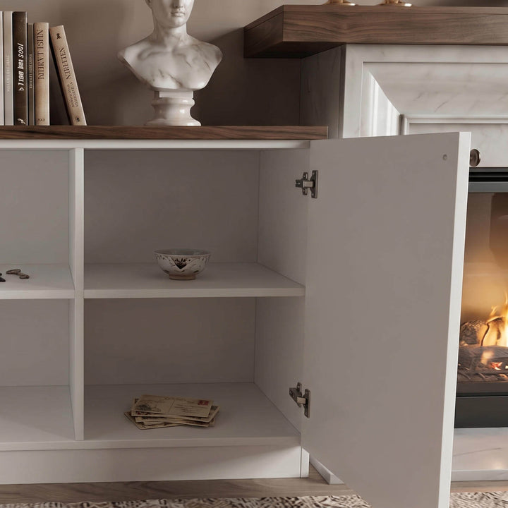 Farmhouse-inspired cabinetry with overhead storage shelves adding architectural detail to a living room wall layout.