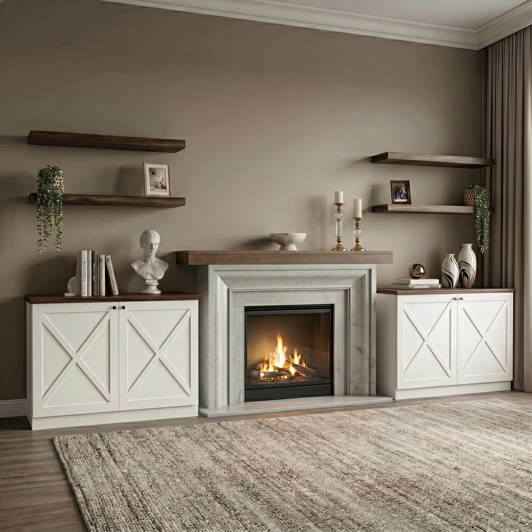 Premium lounge furniture styling featuring the multi-door storage units and matching open ledges styled with trailing plants.