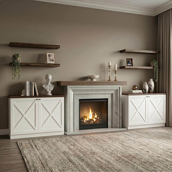Premium lounge furniture styling featuring the multi-door storage units and matching open ledges styled with trailing plants.