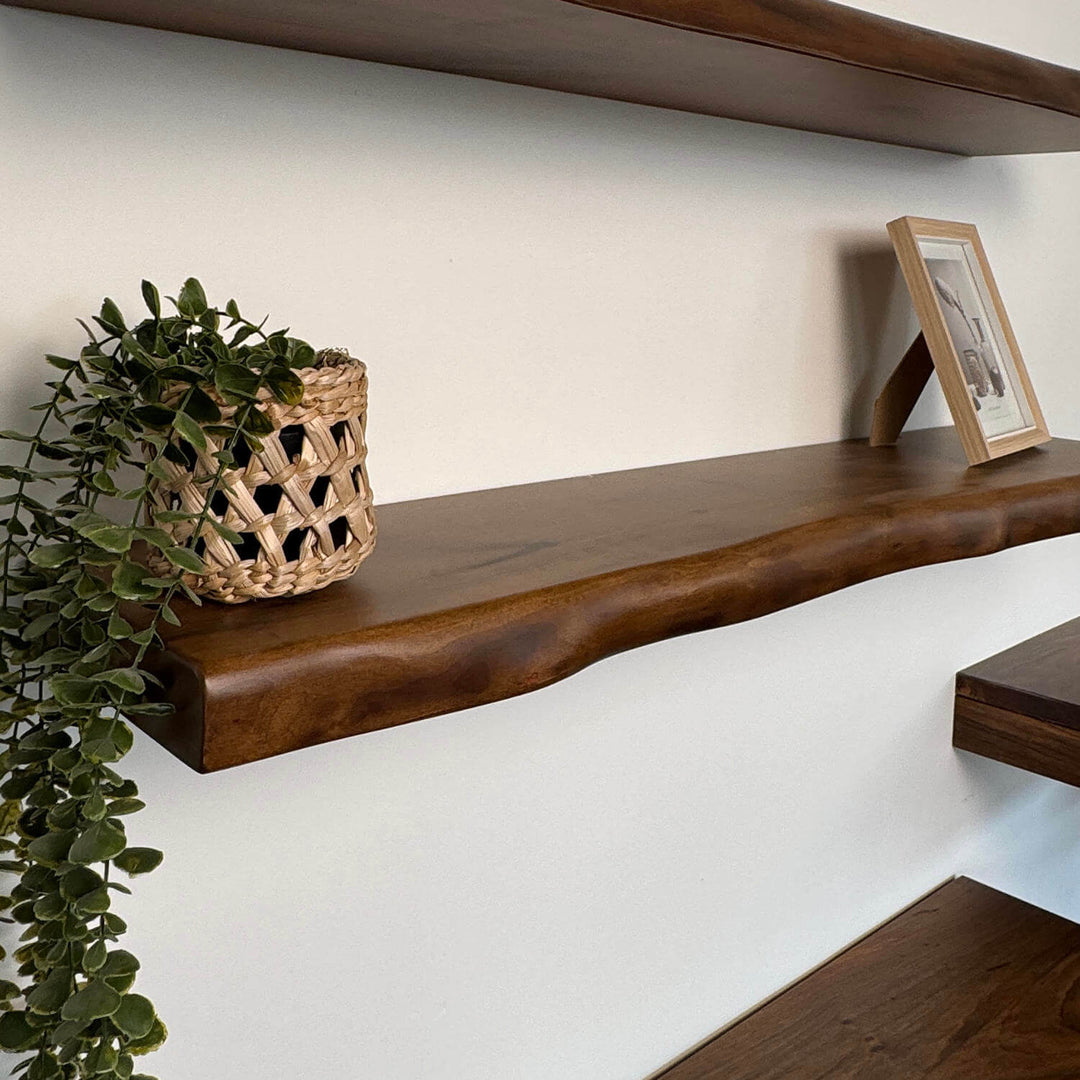 Clean-lined cabinets with minimalistic hardware operating as a full-wall storage system underneath display ledges.