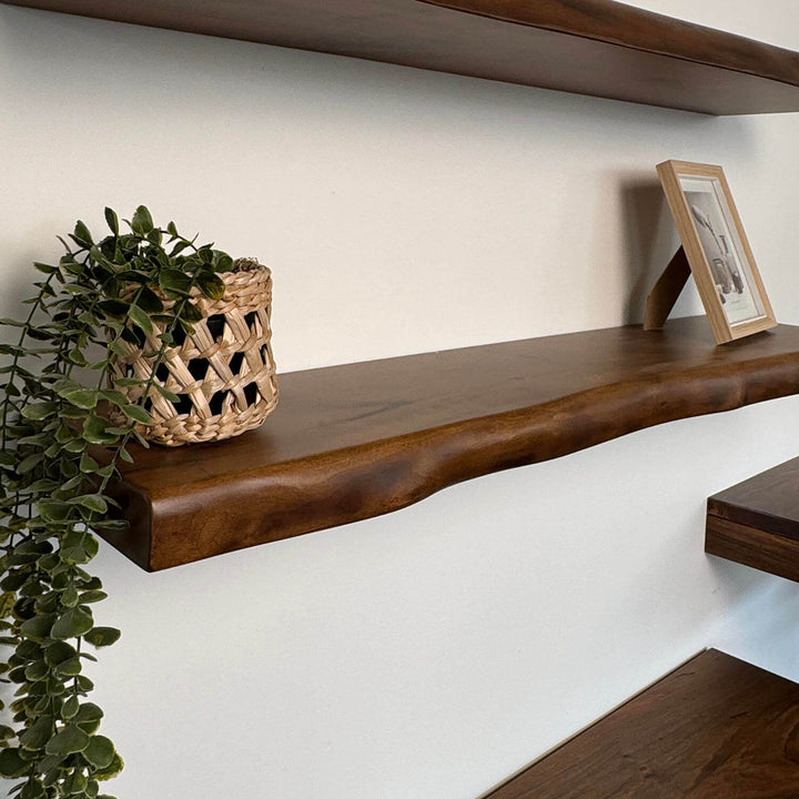 Clean-lined cabinets with minimalistic hardware operating as a full-wall storage system underneath display ledges.