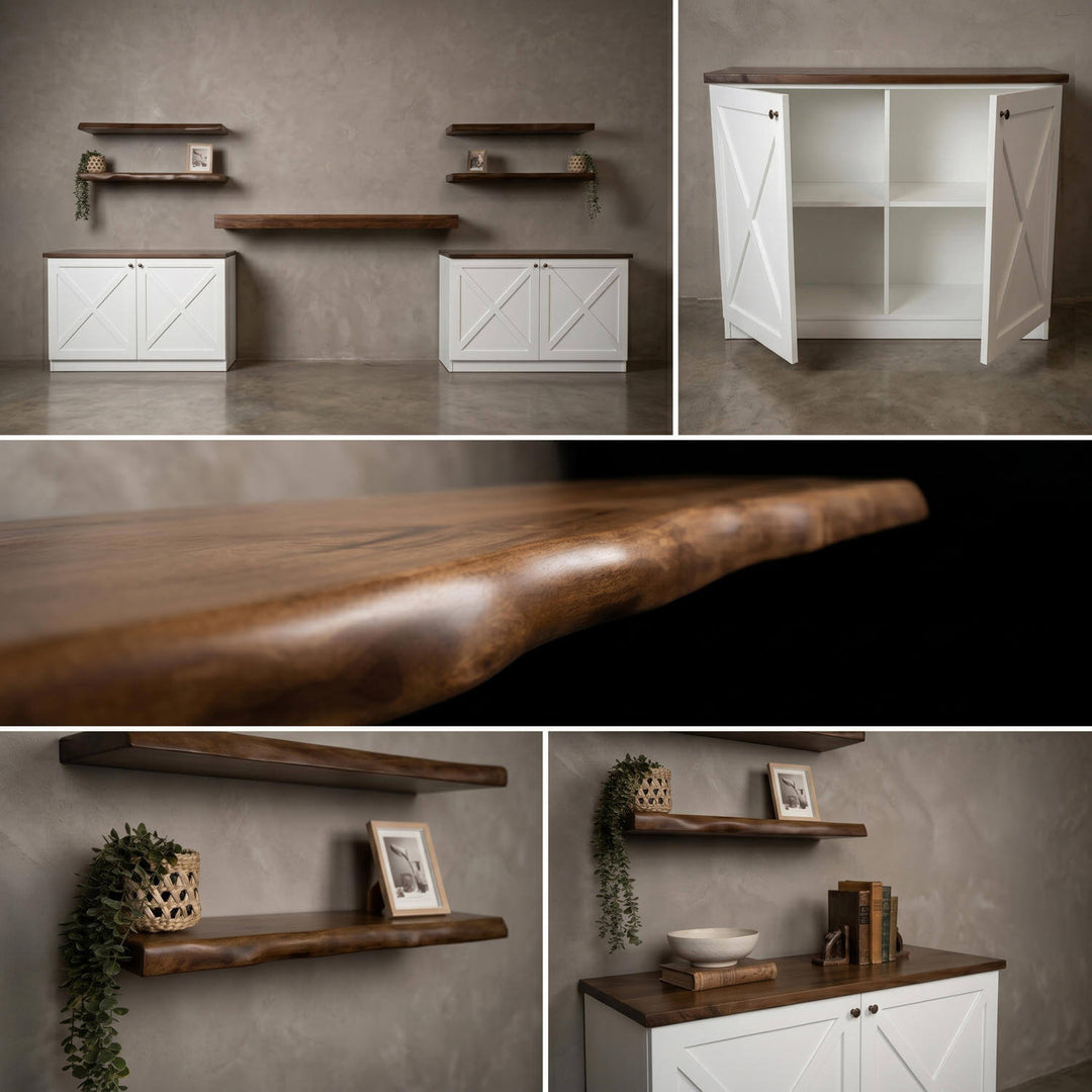 The multi-functional sideboards and shelving units paired together to create a cohesive storage solution for a main lounge area.