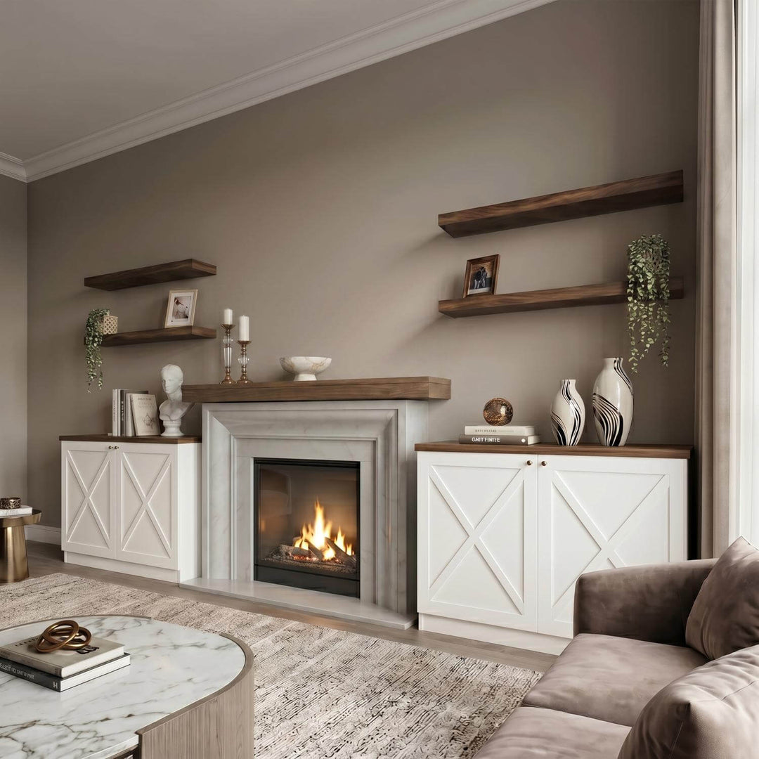 A cozy and elegant living space elevated by a comprehensive storage and shelving set flanking a central mantelpiece.