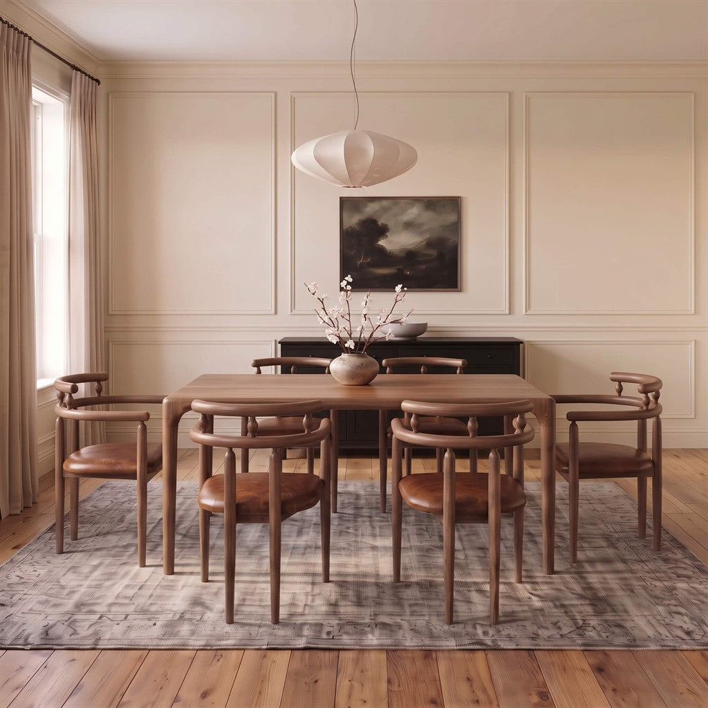 Handcrafted solid walnut dining chair with curved spindle frame and padded seat for elegant interior decor   