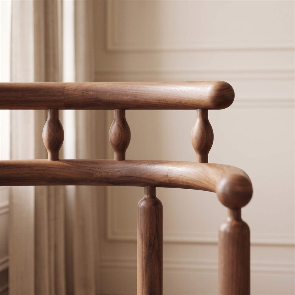 Premium solid walnut dining chair featuring turned wood frame, continuous armrest, and leather seat cushion   
