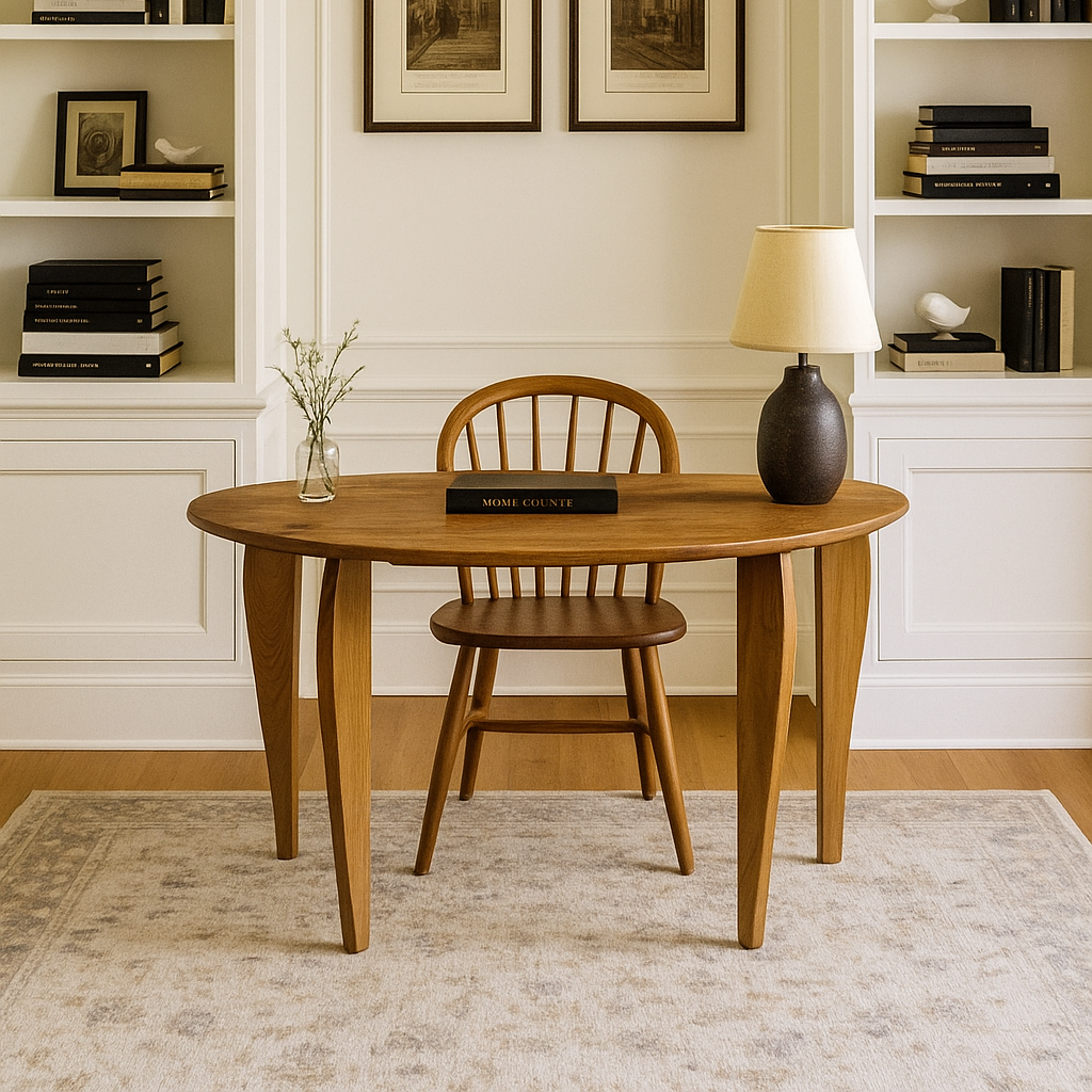 Wooden dining table with chair in a room with bookshelves and framed pictures on the wall.
