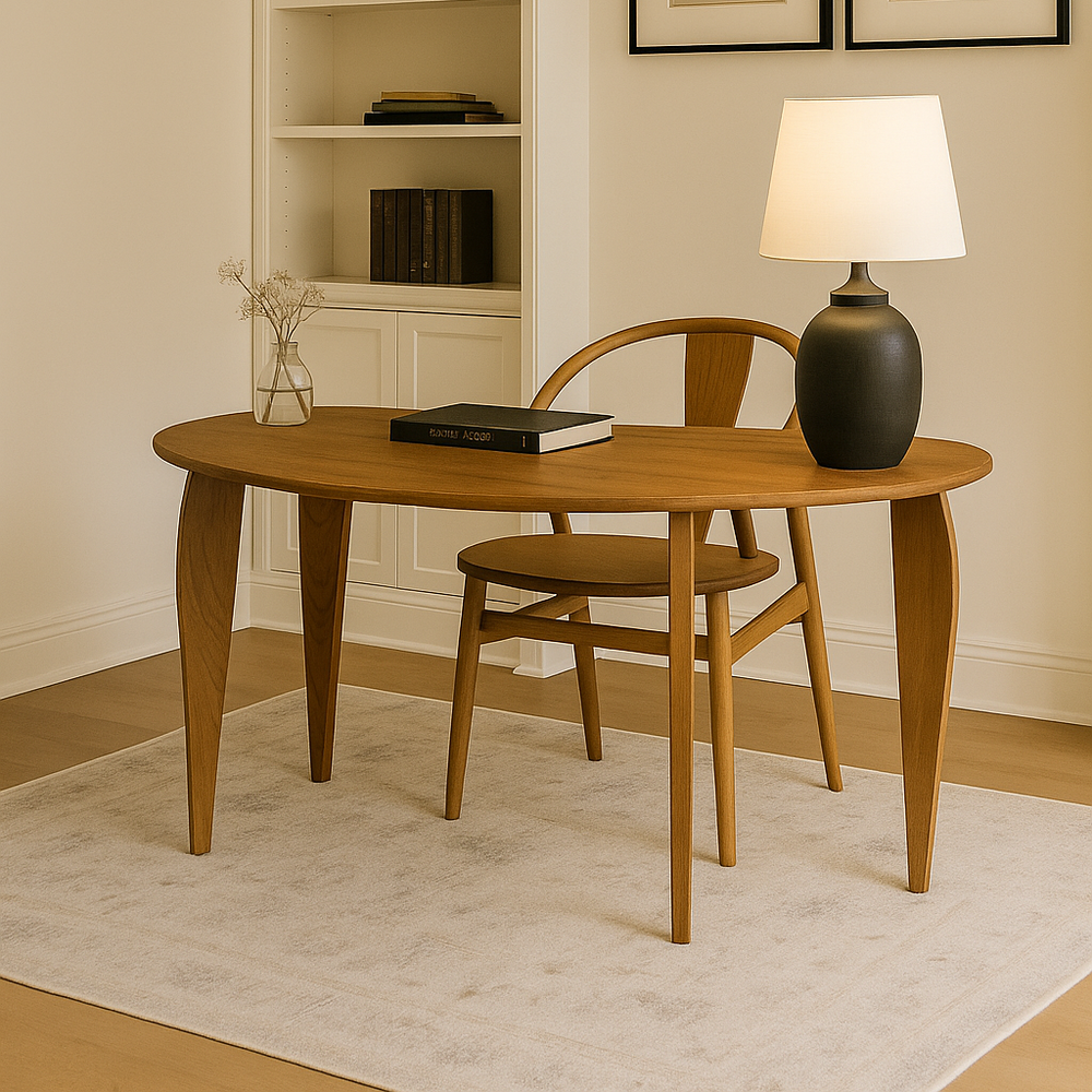 Wooden desk with chair, lamp, and books in a room with a bookshelf and framed pictures.