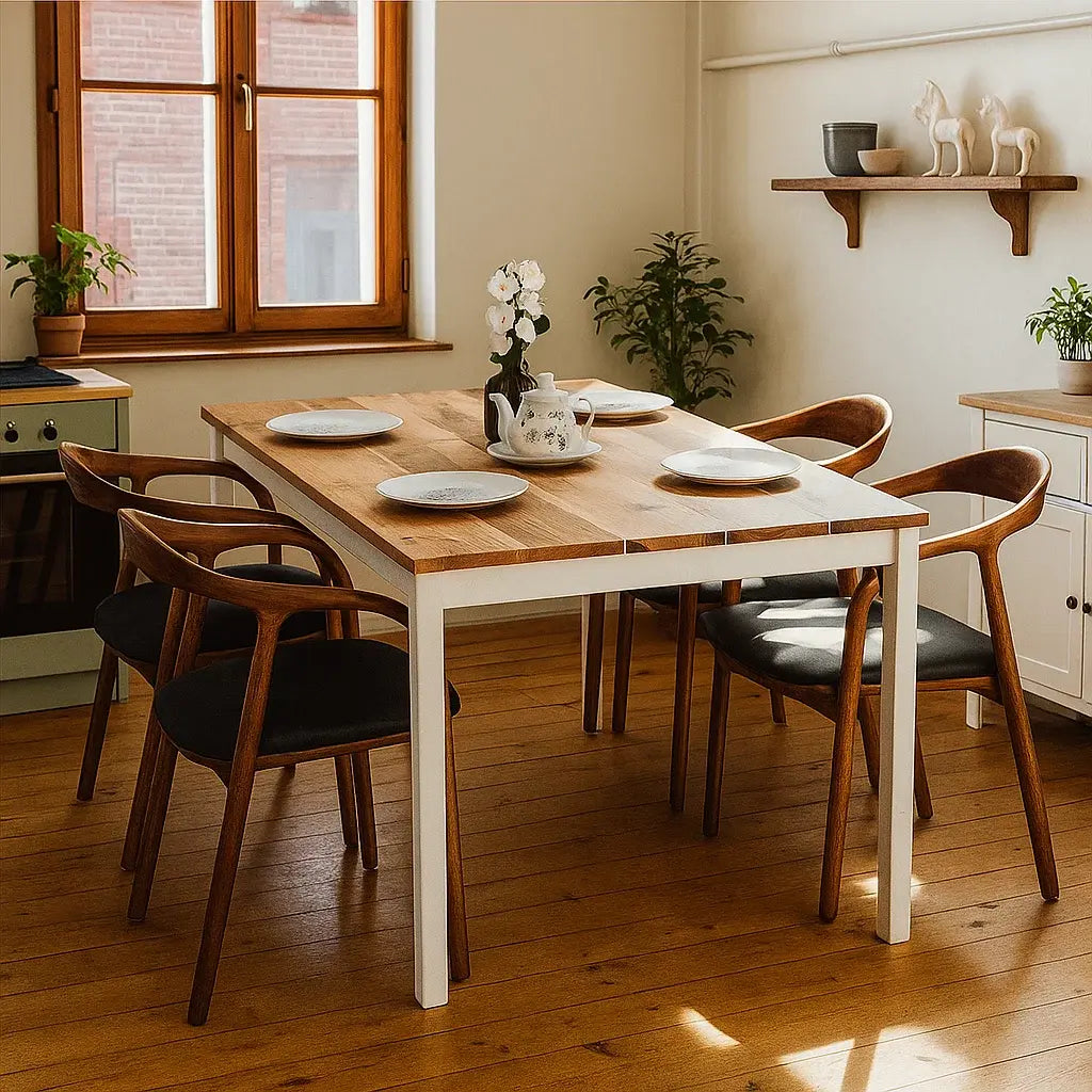 Nordica walnut rectangle kitchen table with white legs and four chairs in a kitchen with a window