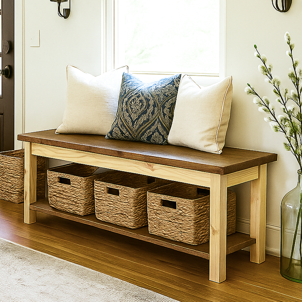 Wooden bench with storage baskets and pillows in a home setting
