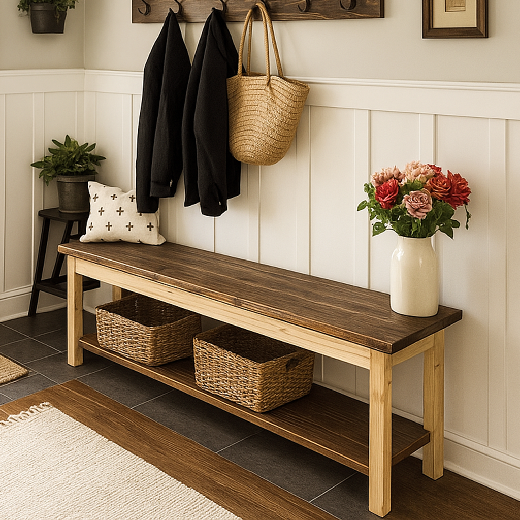 Wooden bench with storage baskets, coat hooks, and a vase of flowers in a home entryway.