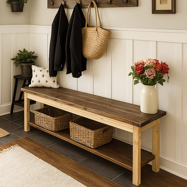Wooden bench with storage baskets, coat hooks, and a vase of flowers in a home entryway.