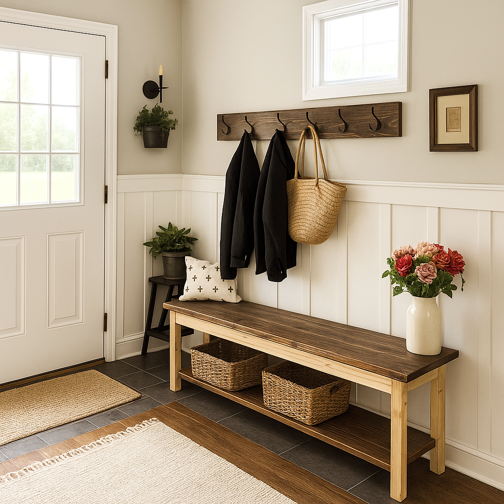 Entryway bench with a lower shelf and two baskets beneath a row of wall hooks, beside a door