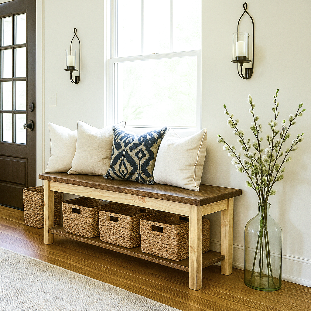 Solid wood entryway bench with three baskets on the shelf and cushions, in front of a window