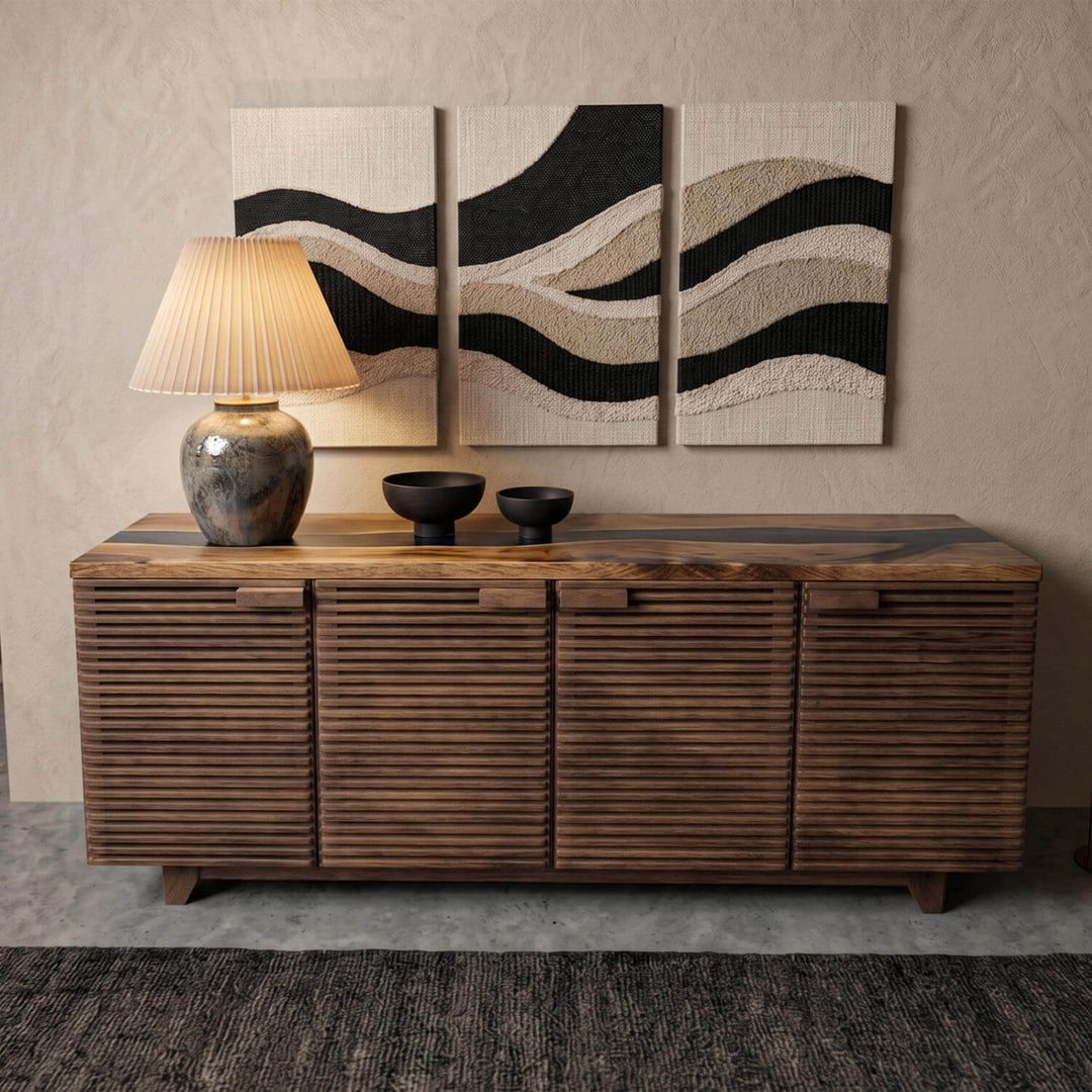 Epoxy Countertop Wooden Console featuring a stunning epoxy river top and modern slatted wooden doors in a living room.