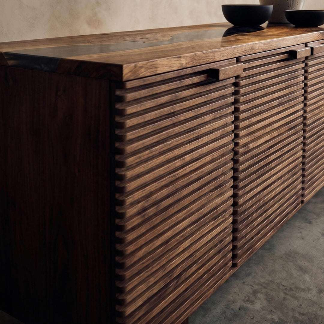 Premium Epoxy Countertop Wooden Console blending live-edge wood craft with a smooth epoxy resin channel.