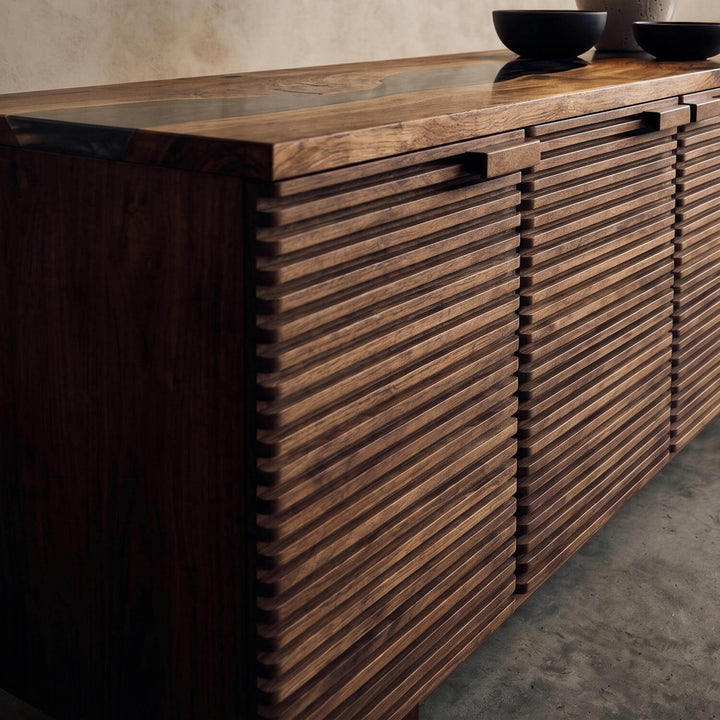 Premium Epoxy Countertop Wooden Console blending live-edge wood craft with a smooth epoxy resin channel.