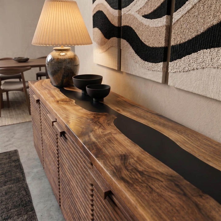 Four-door Epoxy Countertop Wooden Console showcasing fine wood grain patterns and seamless integrated handles.