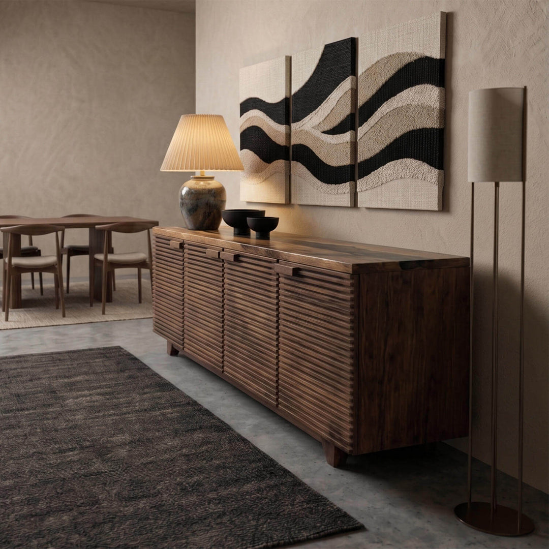Minimalist and contemporary Epoxy Countertop Wooden Console placed under abstract wave-patterned wall art.