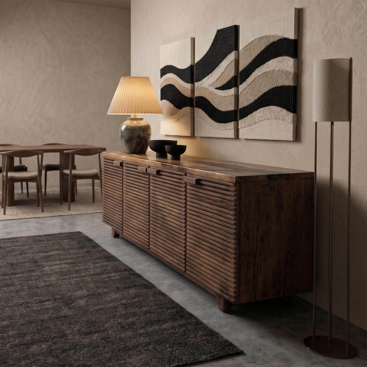 Minimalist and contemporary Epoxy Countertop Wooden Console placed under abstract wave-patterned wall art.