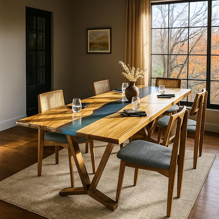 Dining room with a wooden table and chairs near a large window.