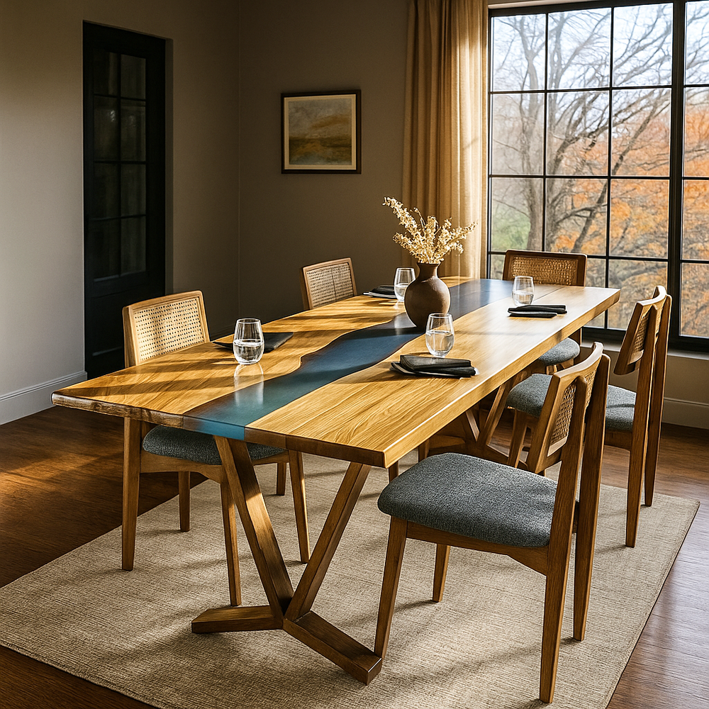Dining room with a wooden table and chairs near a large window.