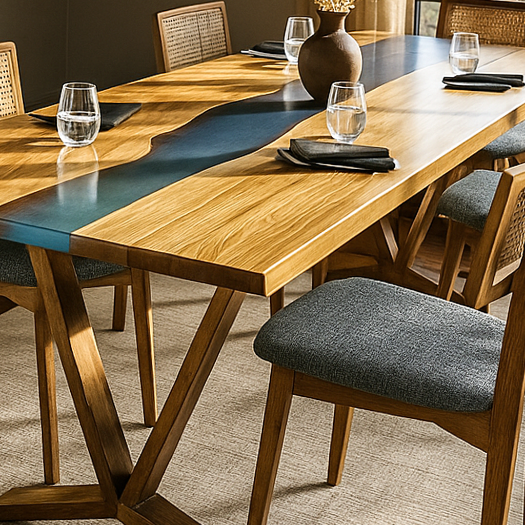 Dining table with wooden finish and blue resin inlay, surrounded by chairs.