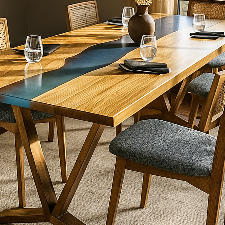 Dining table with wooden finish and blue resin inlay, surrounded by chairs.
