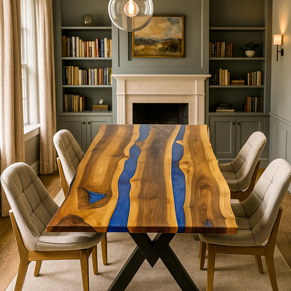 Dining room with a wooden table featuring a blue resin design, surrounded by chairs.