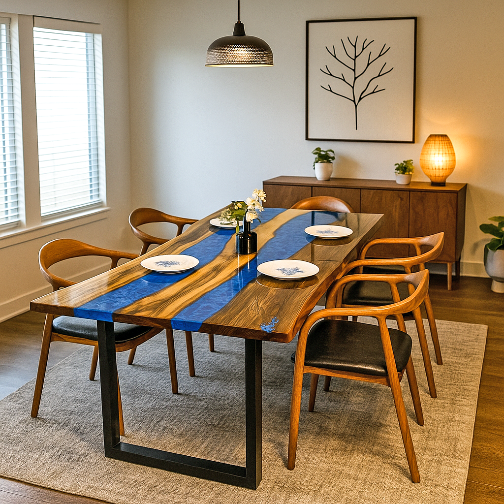 Dining room with a wooden table and chairs, blue runner, and decor.