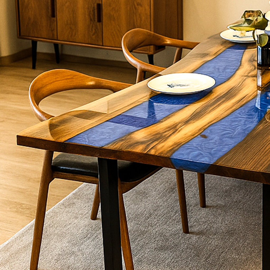 Dining table with blue resin accents and wooden chairs in a room setting.