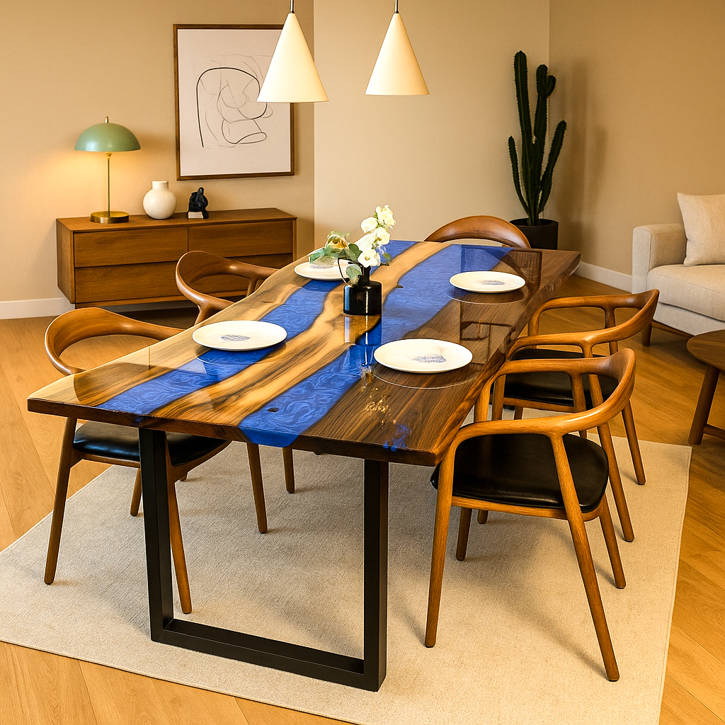 Dining room with a wooden table and chairs, blue runner, and decorative items.