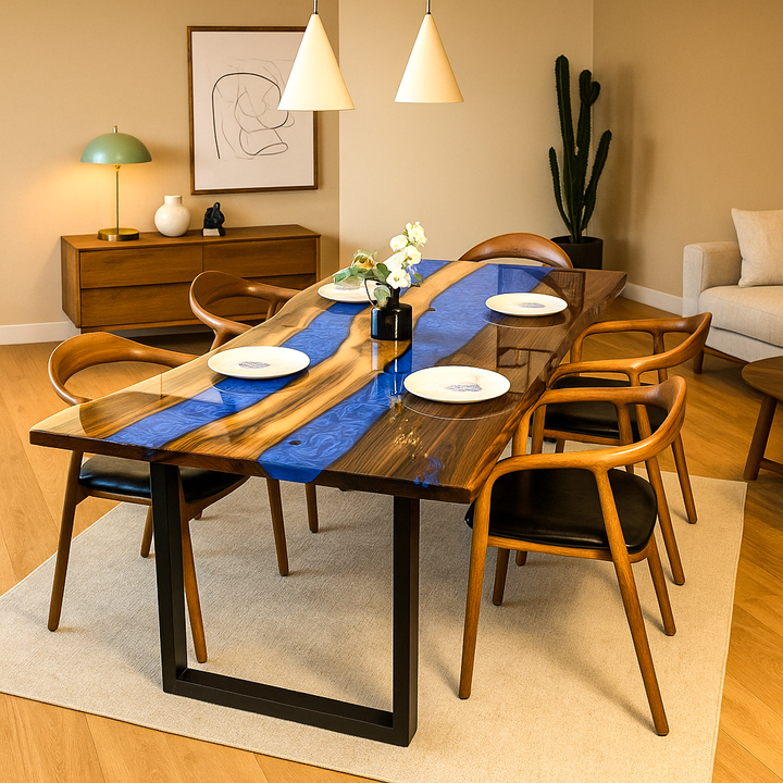 Dining room with a wooden table and chairs, blue runner, and decorative items.